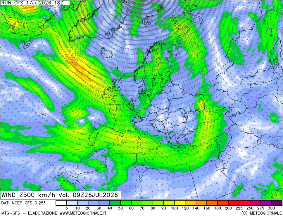 mappa 500 hPa Vento forza e direzione