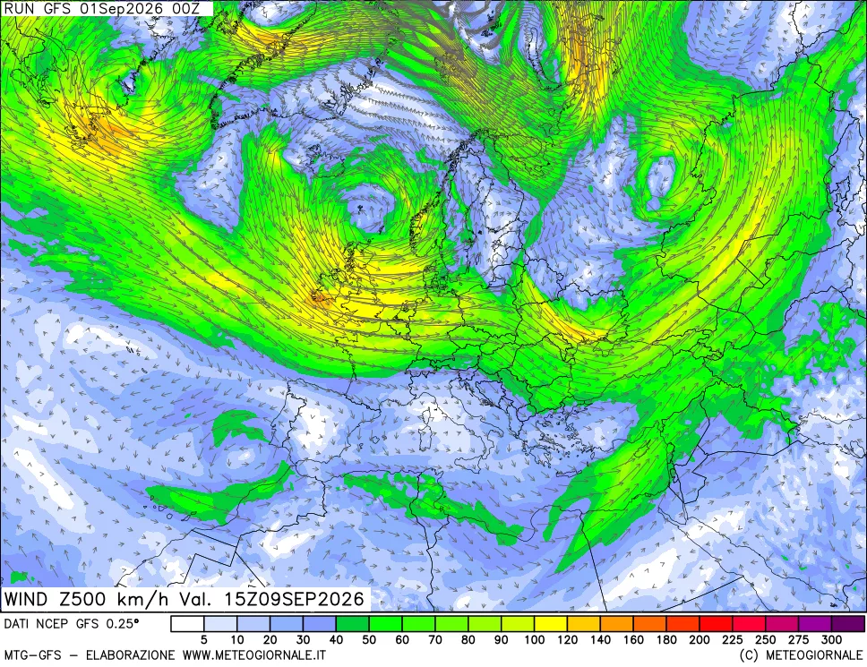 mappa 500 hPa Vento forza e direzione