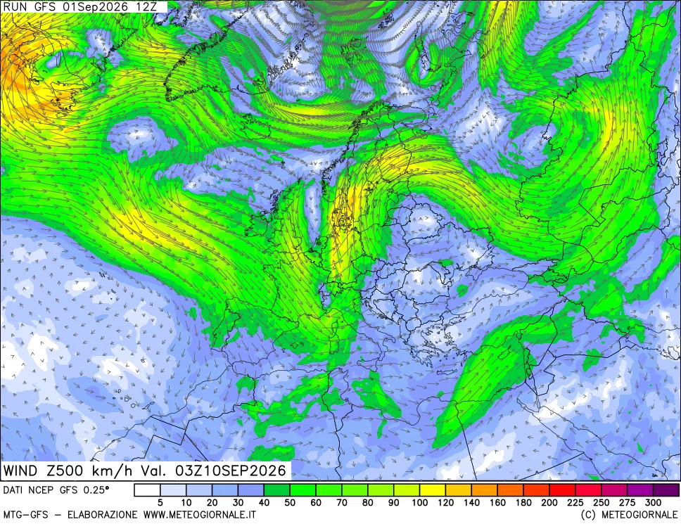mappa 500 hPa Vento forza e direzione