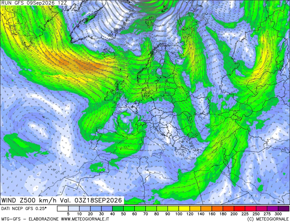 mappa 500 hPa Vento forza e direzione
