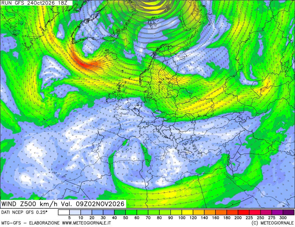 mappa 500 hPa Vento forza e direzione