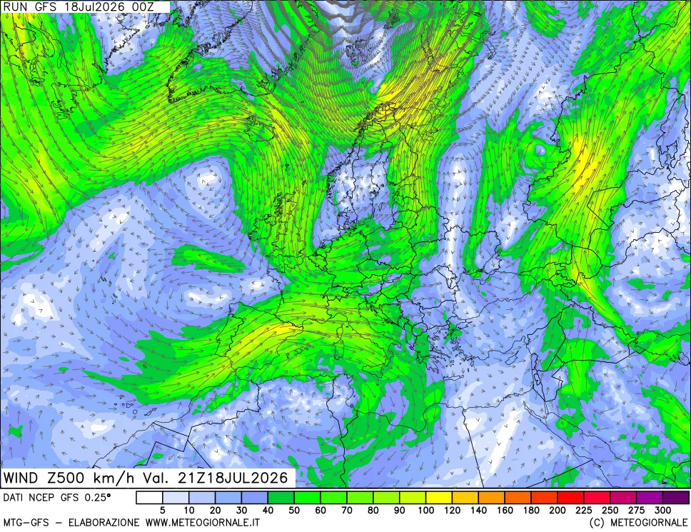 mappa 500 hPa Vento forza e direzione