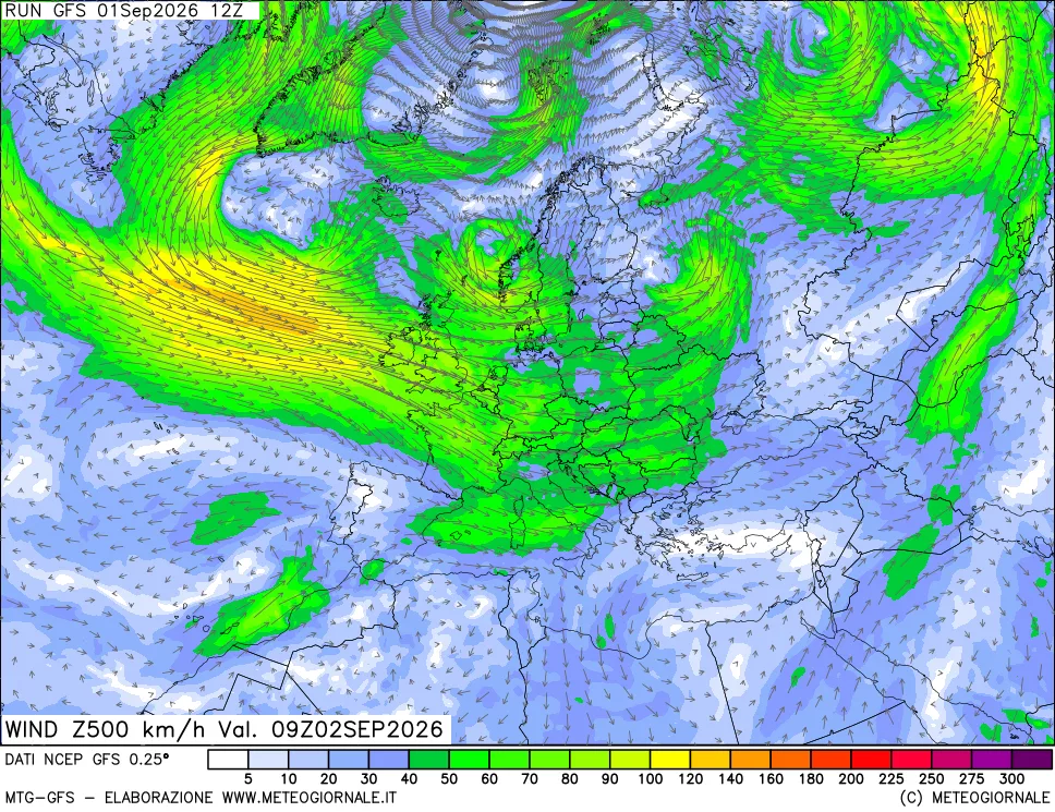 mappa 500 hPa Vento forza e direzione