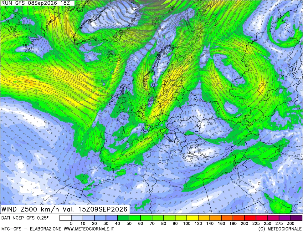 mappa 500 hPa Vento forza e direzione