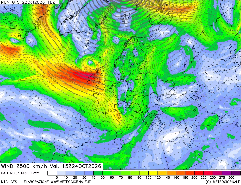 mappa 500 hPa Vento forza e direzione