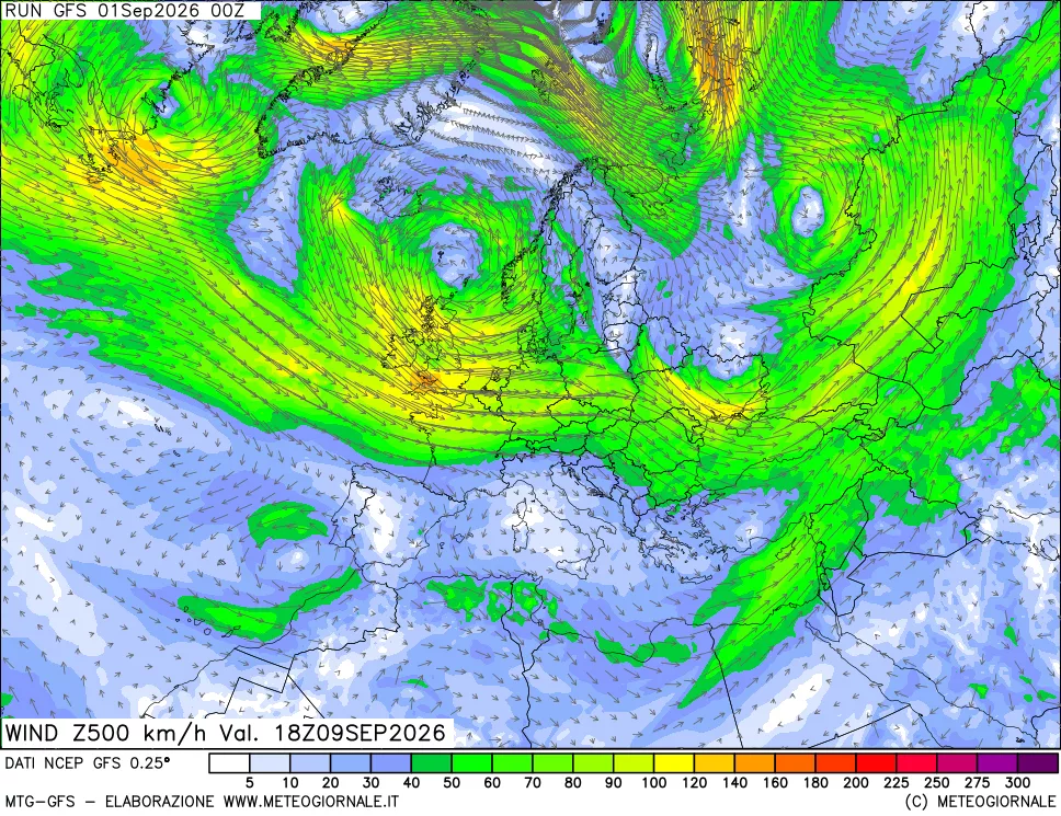 mappa 500 hPa Vento forza e direzione