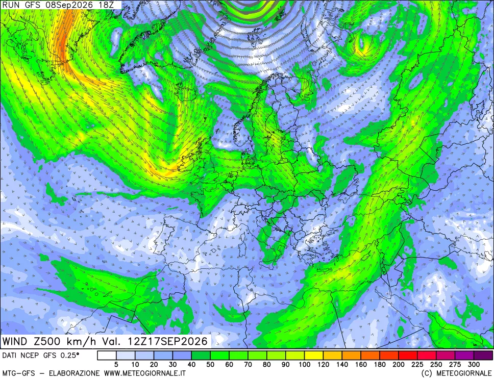 mappa 500 hPa Vento forza e direzione
