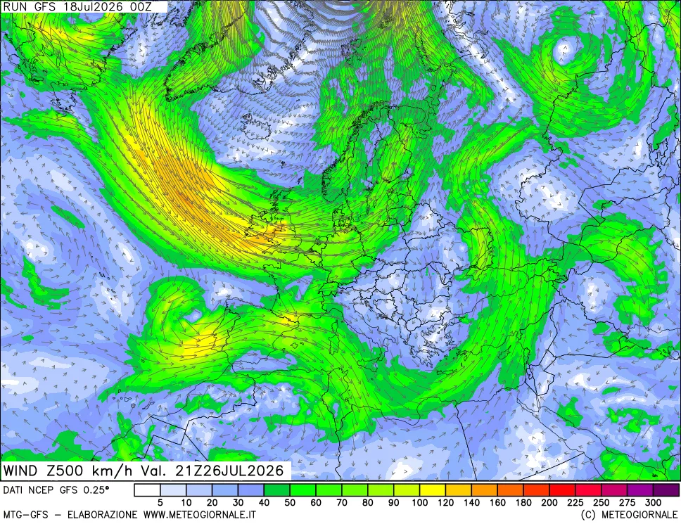 mappa 500 hPa Vento forza e direzione