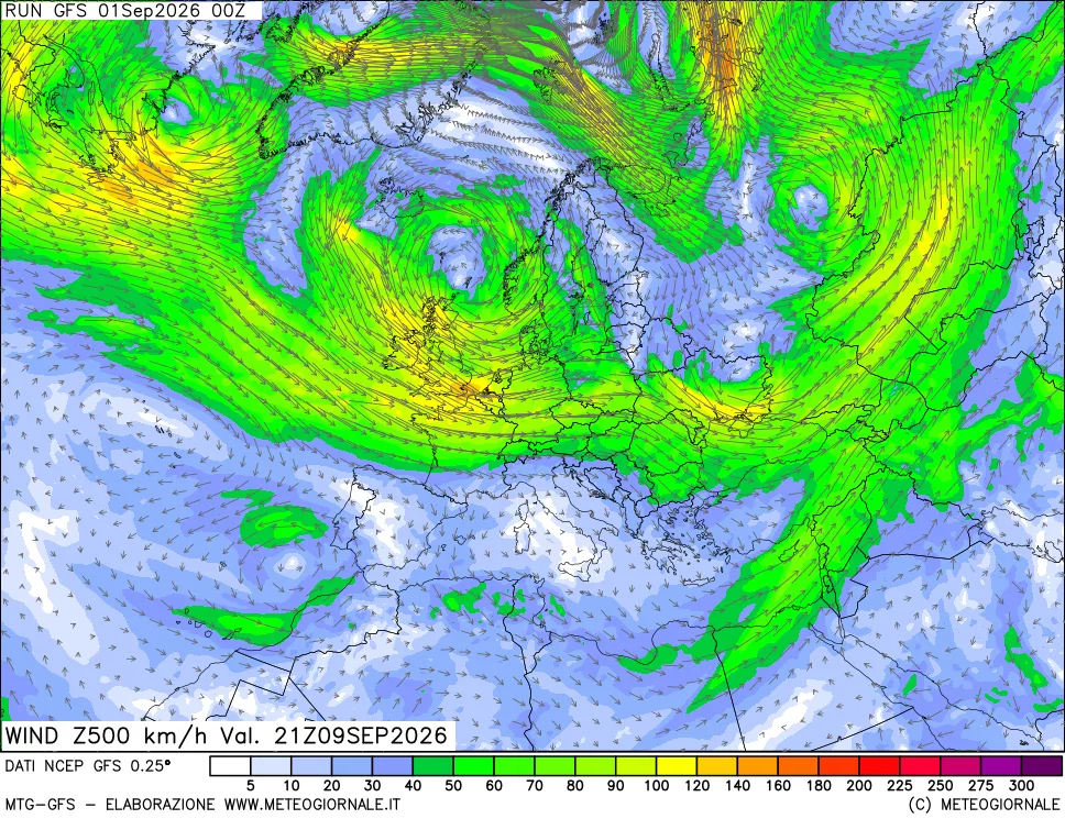 mappa 500 hPa Vento forza e direzione