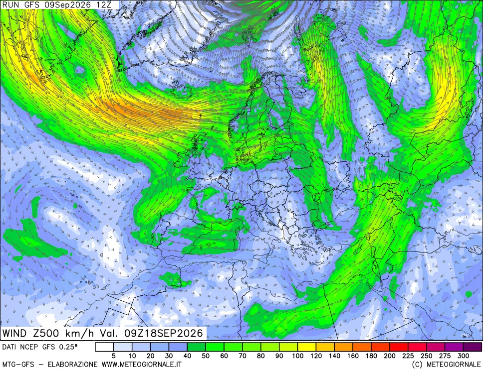 mappa 500 hPa Vento forza e direzione