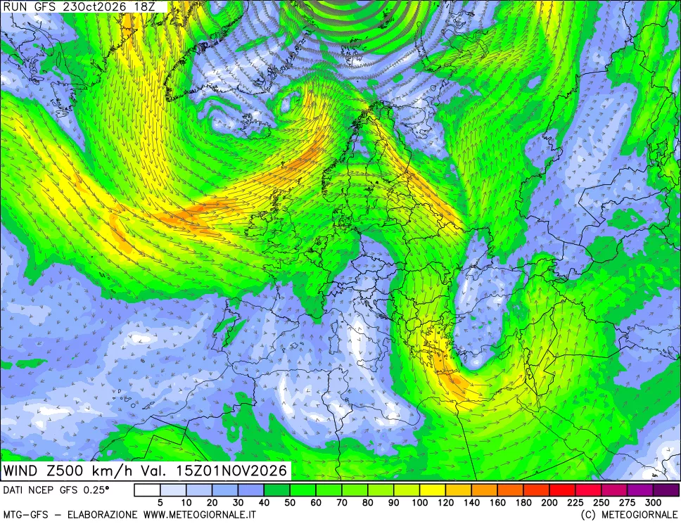 mappa 500 hPa Vento forza e direzione