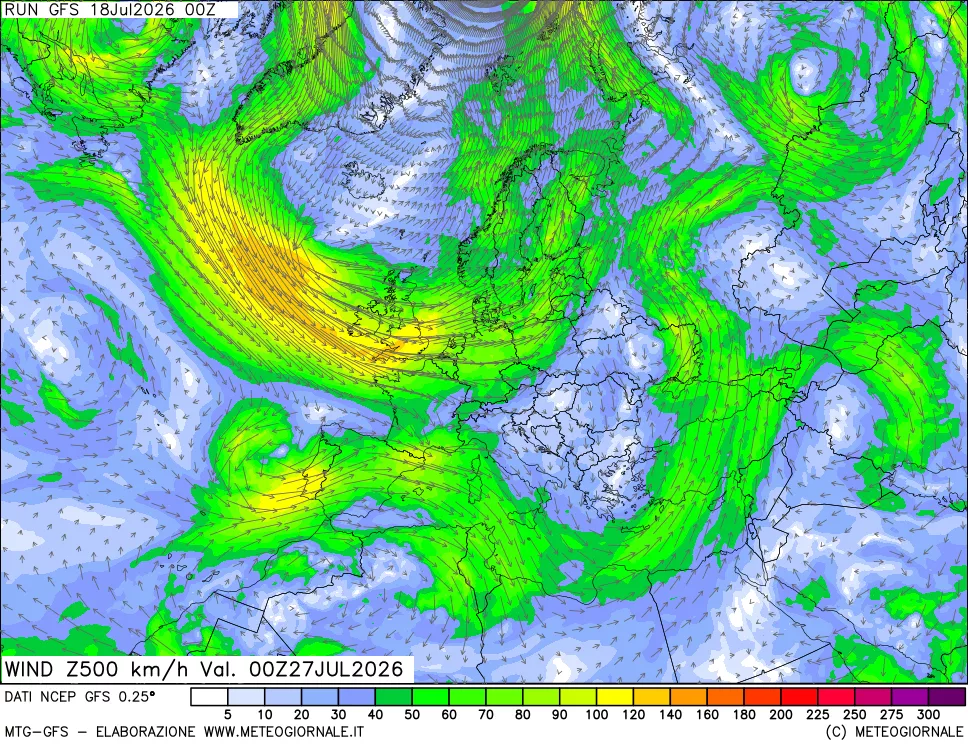 mappa 500 hPa Vento forza e direzione