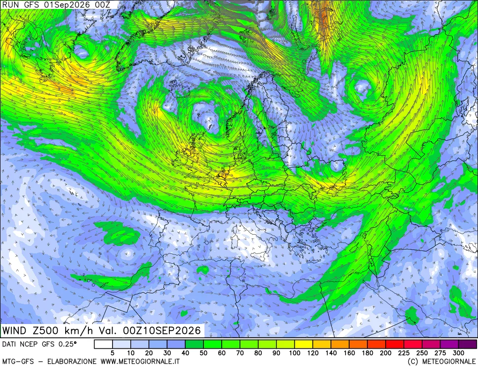 mappa 500 hPa Vento forza e direzione