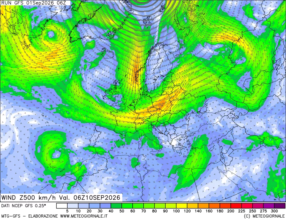mappa 500 hPa Vento forza e direzione