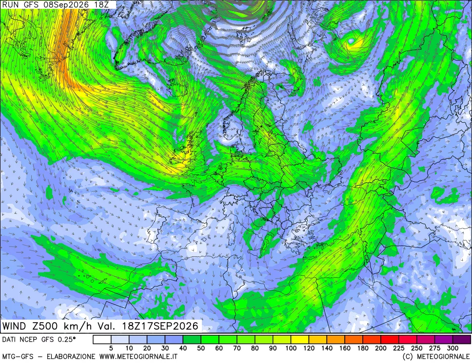 mappa 500 hPa Vento forza e direzione
