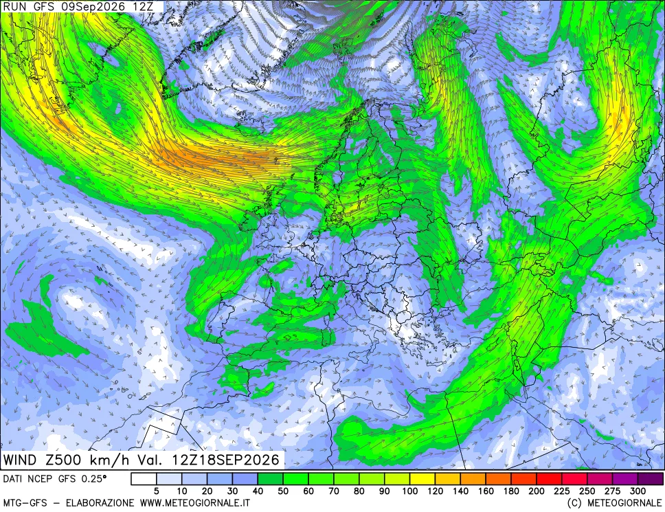 mappa 500 hPa Vento forza e direzione