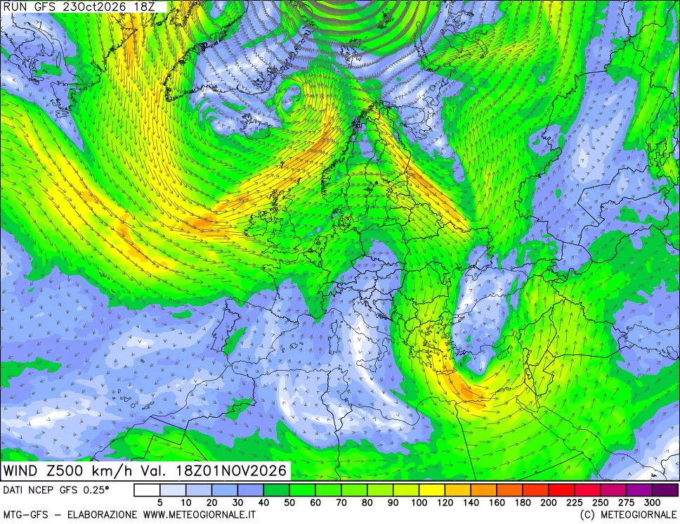 mappa 500 hPa Vento forza e direzione