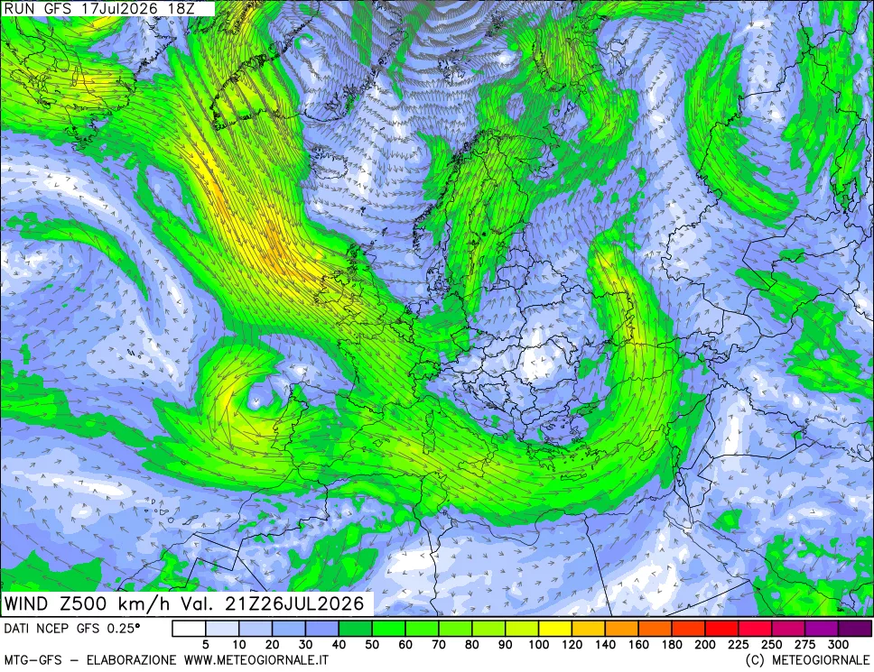 mappa 500 hPa Vento forza e direzione