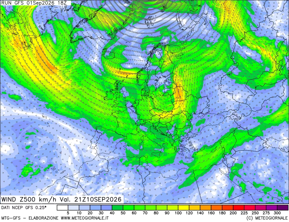 mappa 500 hPa Vento forza e direzione