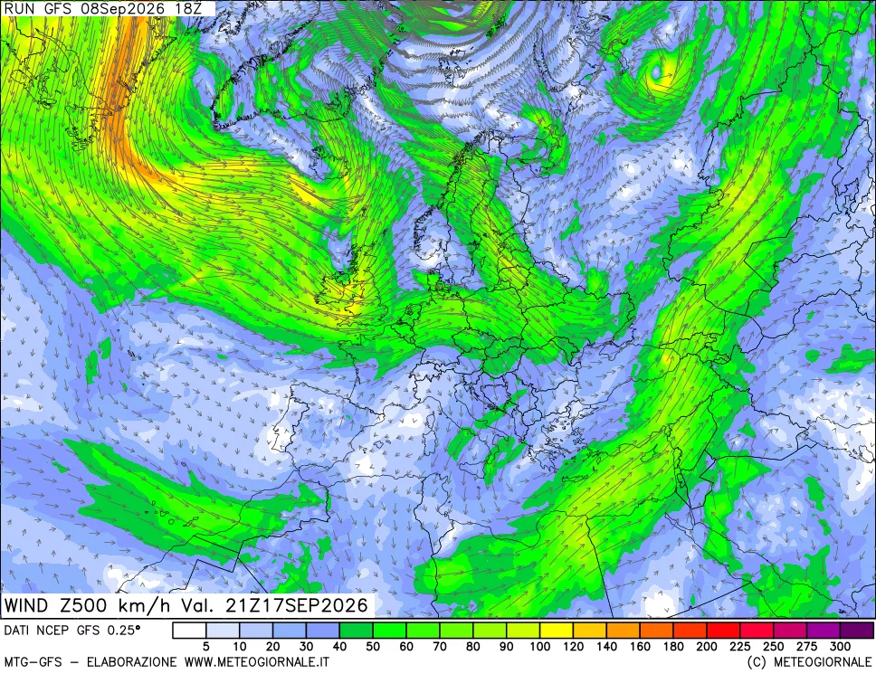 mappa 500 hPa Vento forza e direzione