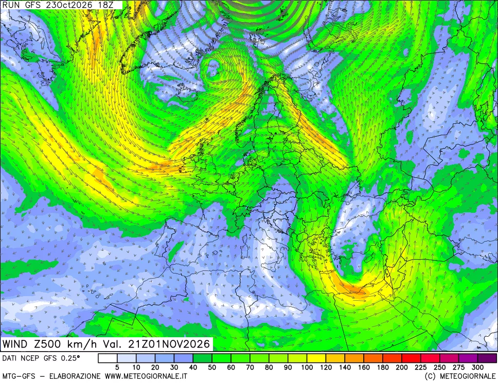 mappa 500 hPa Vento forza e direzione