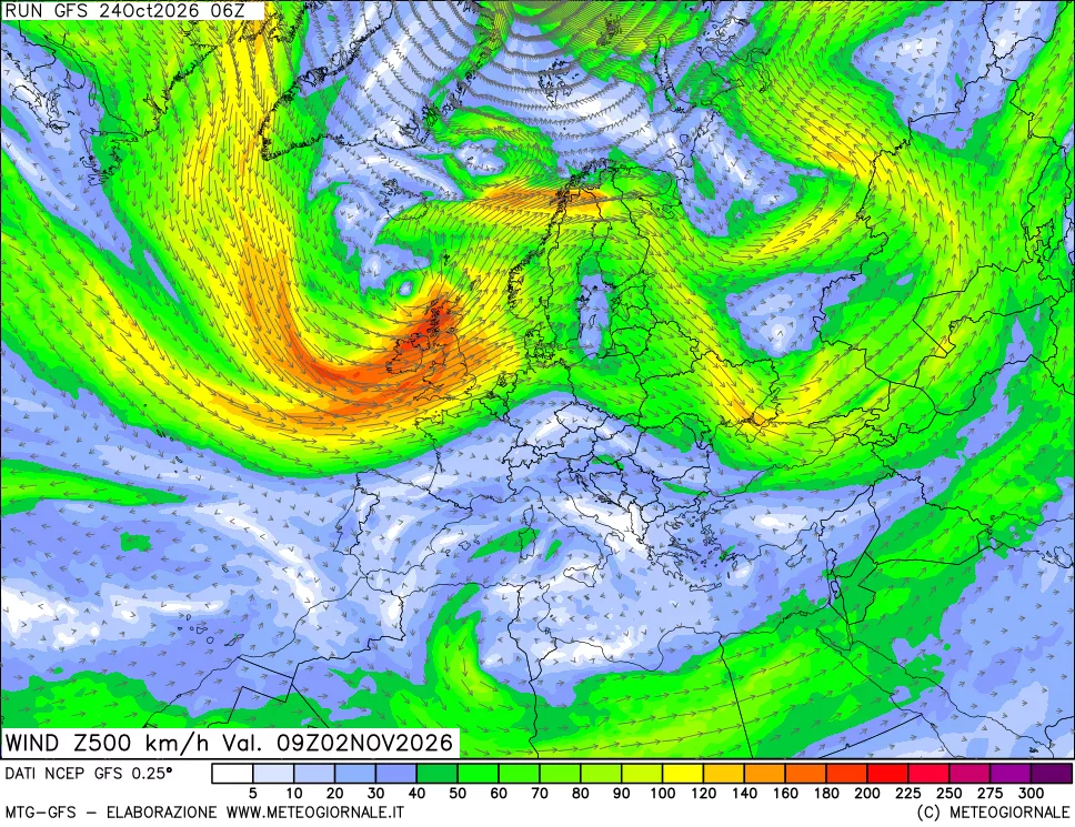 mappa 500 hPa Vento forza e direzione
