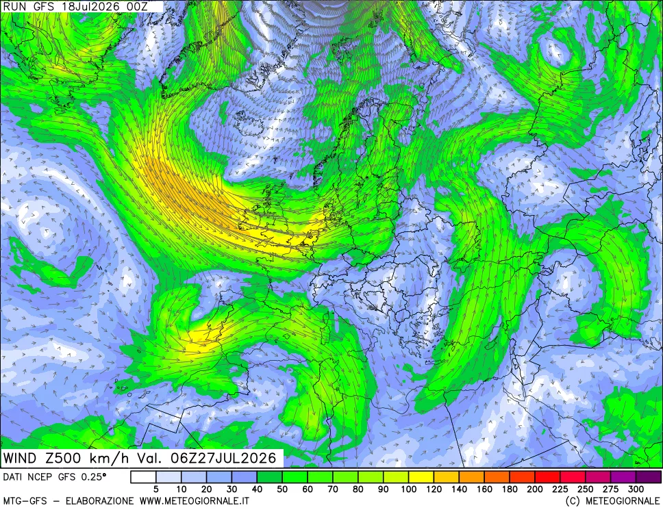 mappa 500 hPa Vento forza e direzione