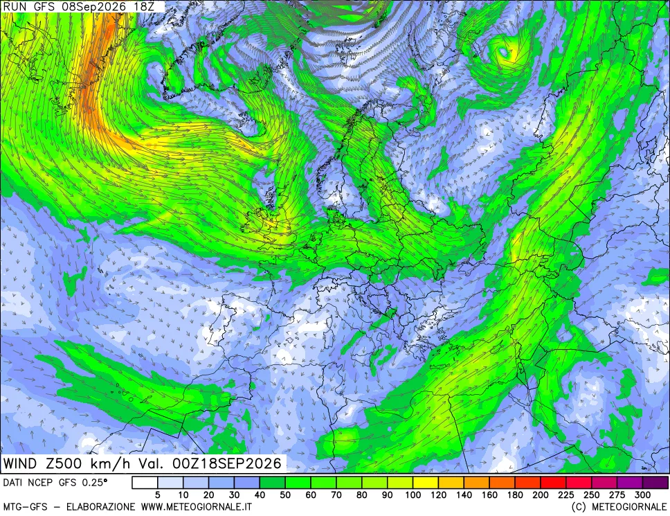 mappa 500 hPa Vento forza e direzione