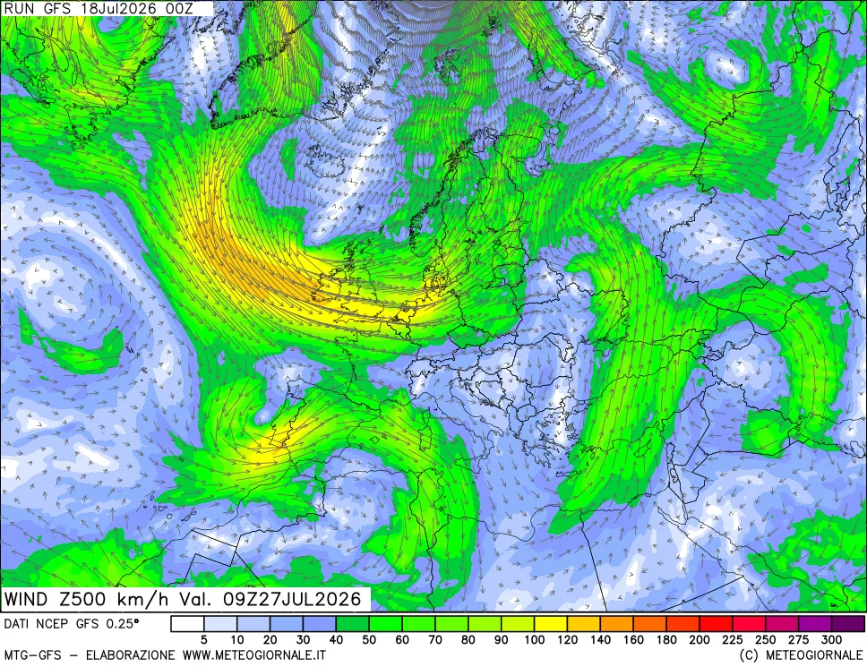 mappa 500 hPa Vento forza e direzione