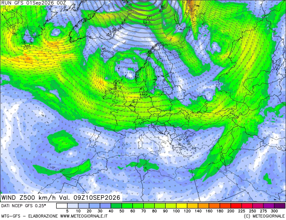 mappa 500 hPa Vento forza e direzione