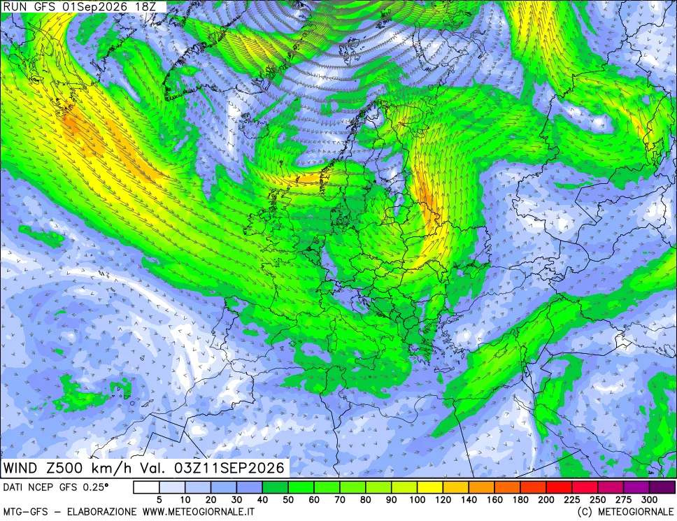 mappa 500 hPa Vento forza e direzione