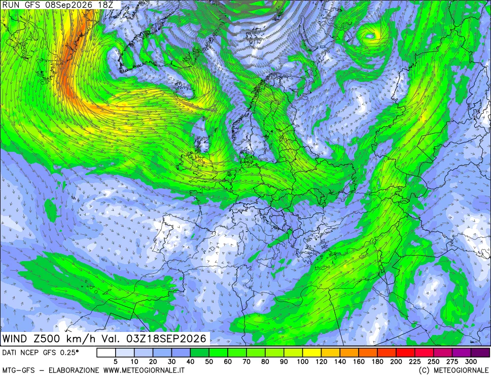 mappa 500 hPa Vento forza e direzione