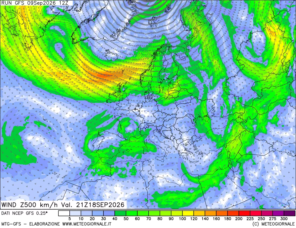 mappa 500 hPa Vento forza e direzione