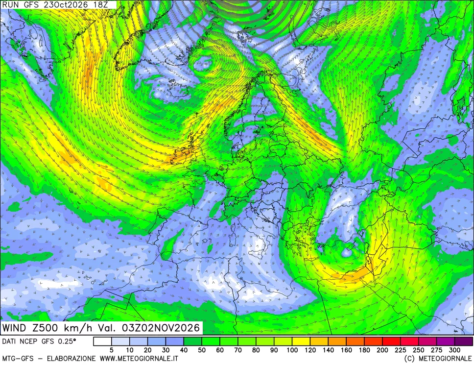 mappa 500 hPa Vento forza e direzione