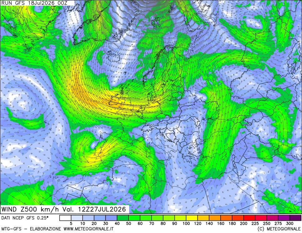 mappa 500 hPa Vento forza e direzione