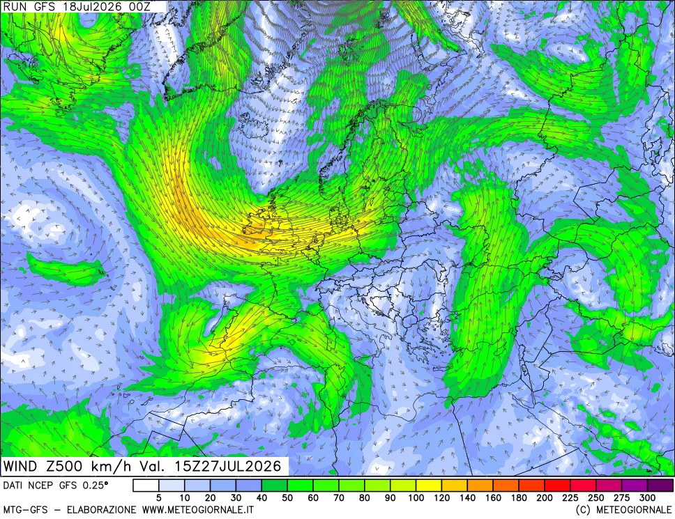 mappa 500 hPa Vento forza e direzione
