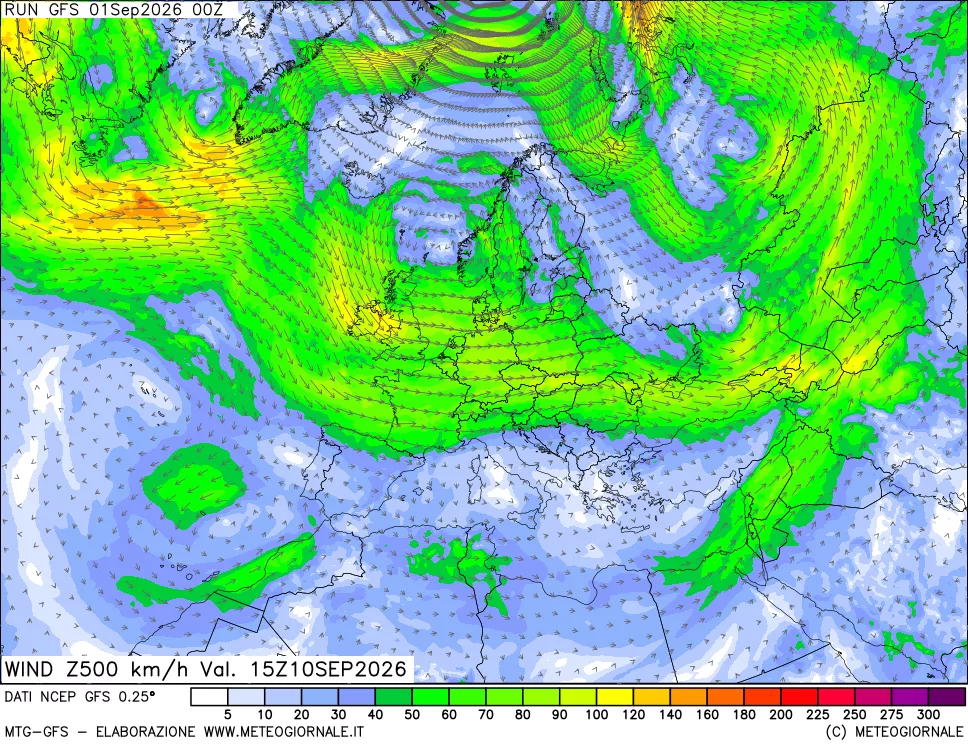 mappa 500 hPa Vento forza e direzione