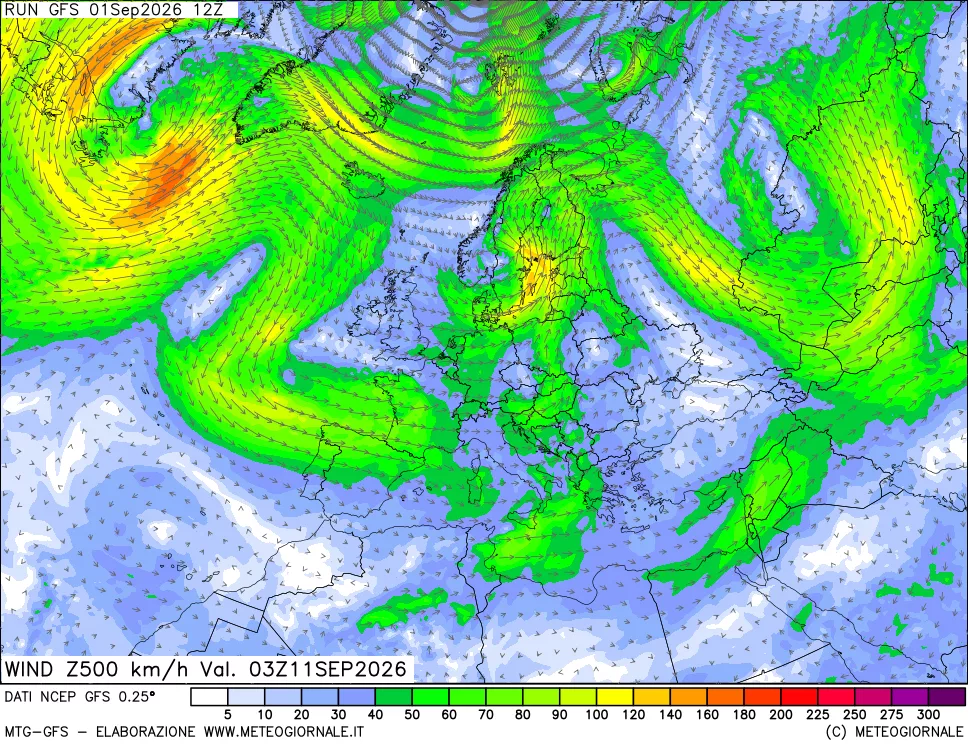 mappa 500 hPa Vento forza e direzione