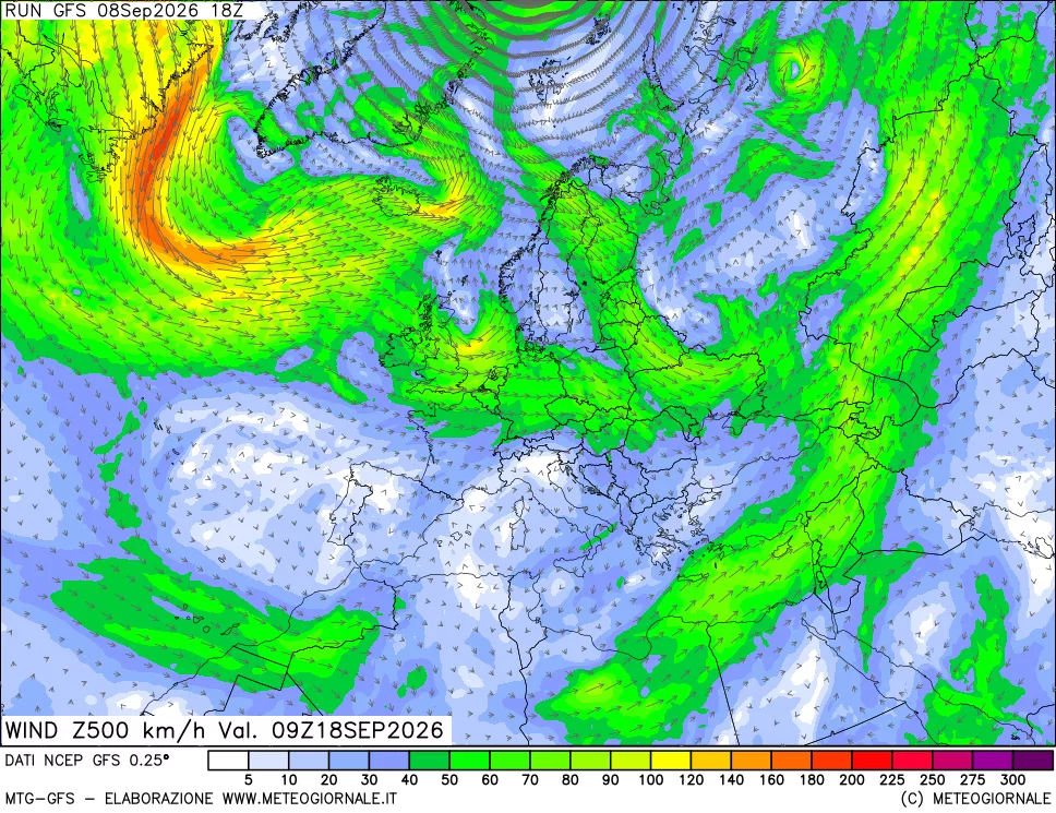 mappa 500 hPa Vento forza e direzione