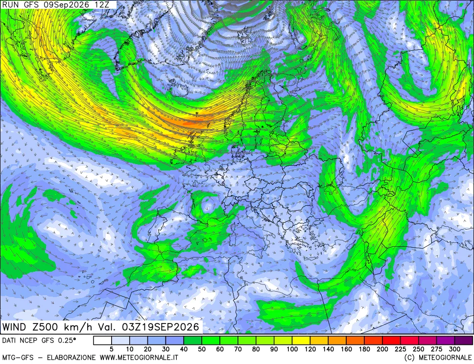 mappa 500 hPa Vento forza e direzione