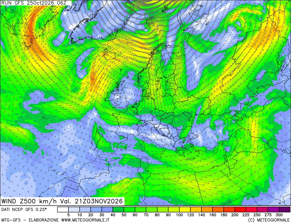 mappa 500 hPa Vento forza e direzione