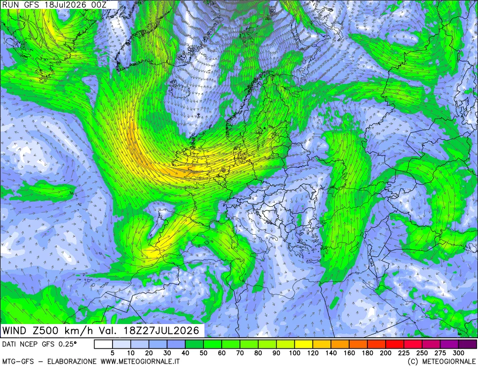 mappa 500 hPa Vento forza e direzione