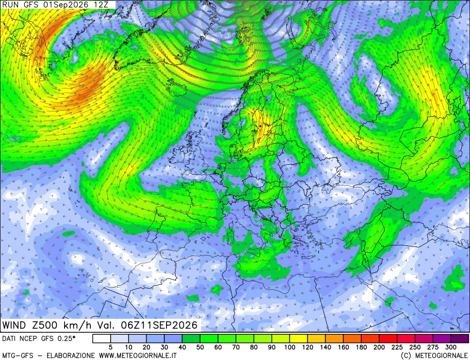 mappa 500 hPa Vento forza e direzione