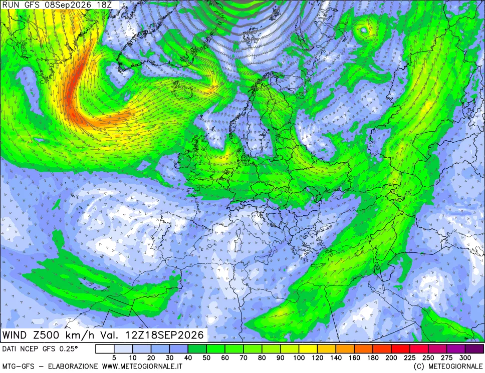 mappa 500 hPa Vento forza e direzione