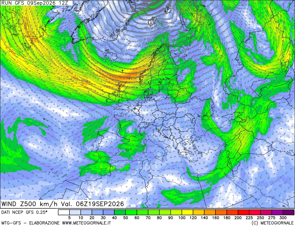 mappa 500 hPa Vento forza e direzione