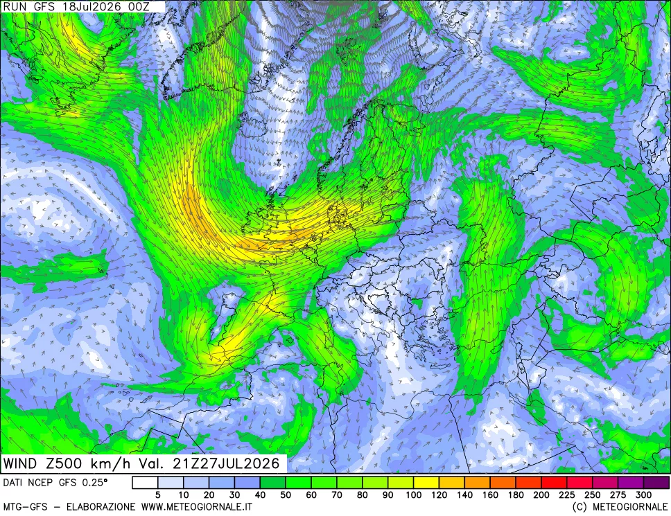 mappa 500 hPa Vento forza e direzione
