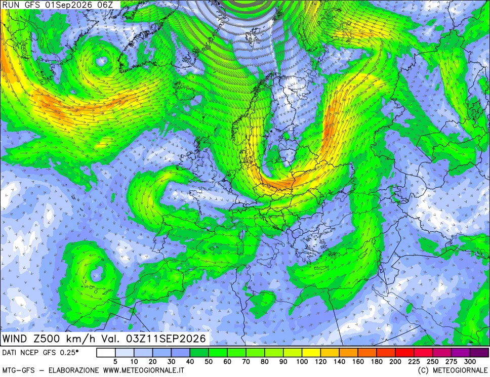 mappa 500 hPa Vento forza e direzione