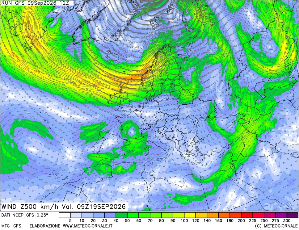 mappa 500 hPa Vento forza e direzione
