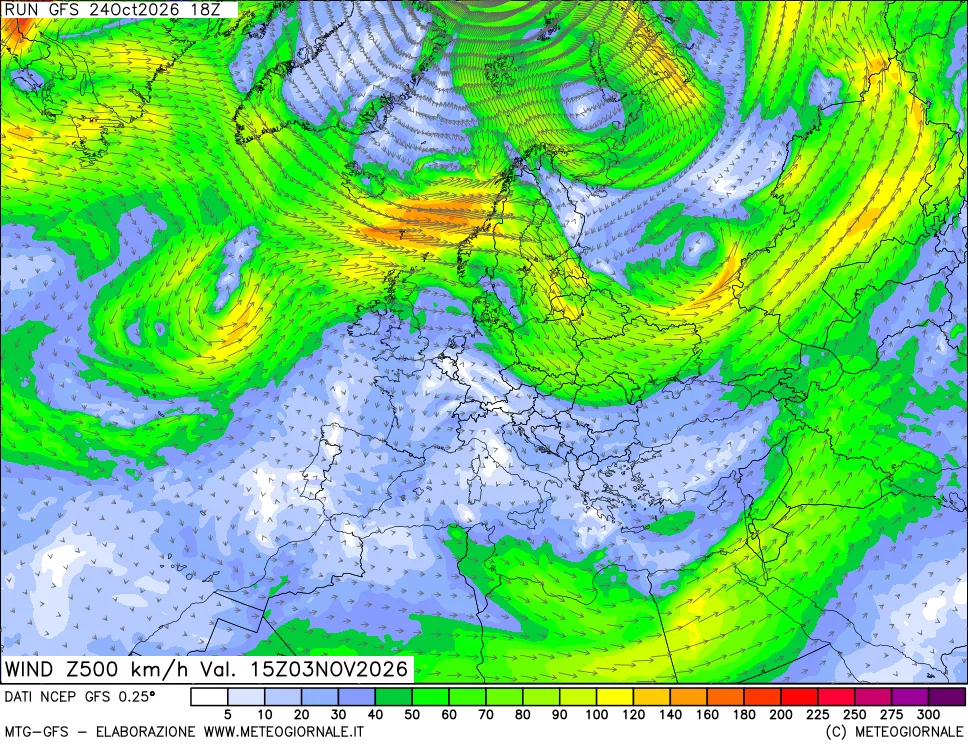 mappa 500 hPa Vento forza e direzione
