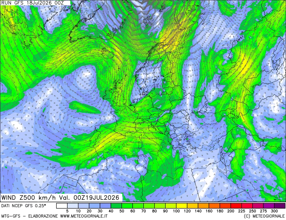 mappa 500 hPa Vento forza e direzione